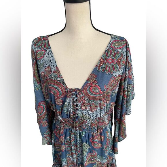 Boemo Blue and Red Paisley Long Sleeve Maxi Dress - Picture 3 of 10